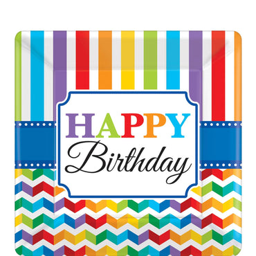 Bright Birthday Square Paper Plates 10in, 8pcs Printed Tableware - Party Centre - Party Centre