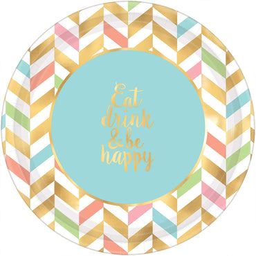 Eat, Drink & Be Happy Paper Plates 10.50in, 8pcs Printed Tableware - Party Centre - Party Centre