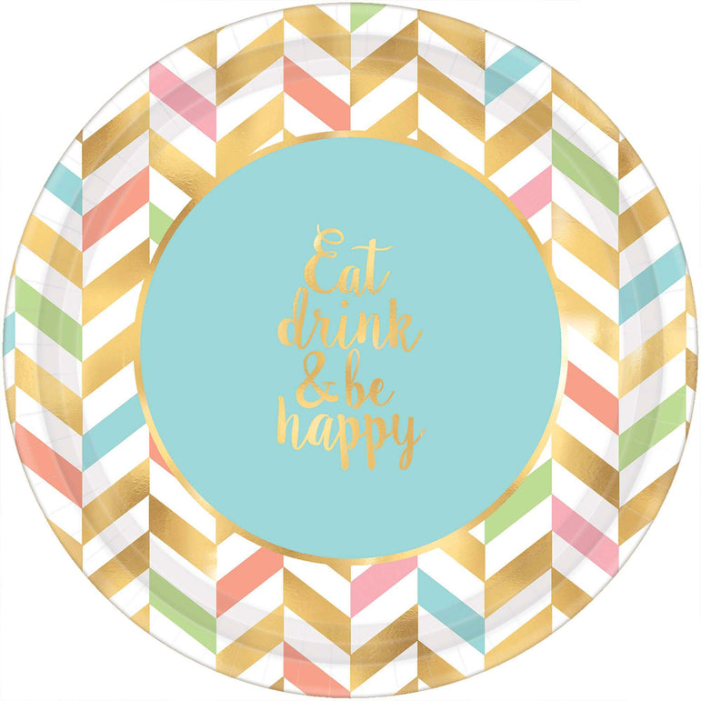 Eat, Drink & Be Happy Paper Plates 10.50in, 8pcs Printed Tableware - Party Centre