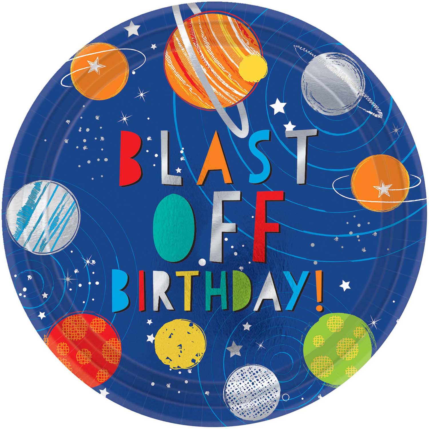 Blast Off Birthday Metallic Paper Plates 10.5in, 8pcs Printed Tableware - Party Centre - Party Centre
