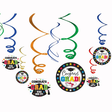Graduation Multicolor Foil Swirl Hanging Decoration 12pcs Decorations - Party Centre - Party Centre