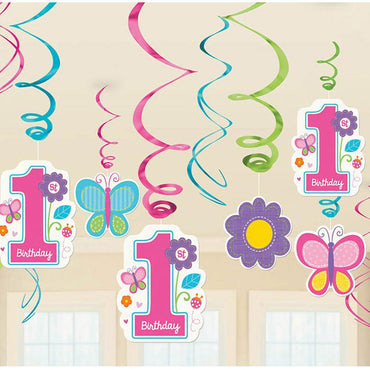 Sweet Birthday Girl Swirl Decorations 12pcs Decorations - Party Centre - Party Centre