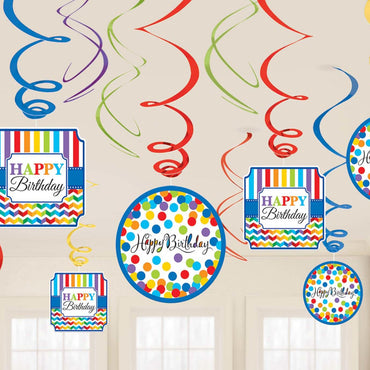 Bright Birthday Swirl Decorations 12pcs - Party Centre