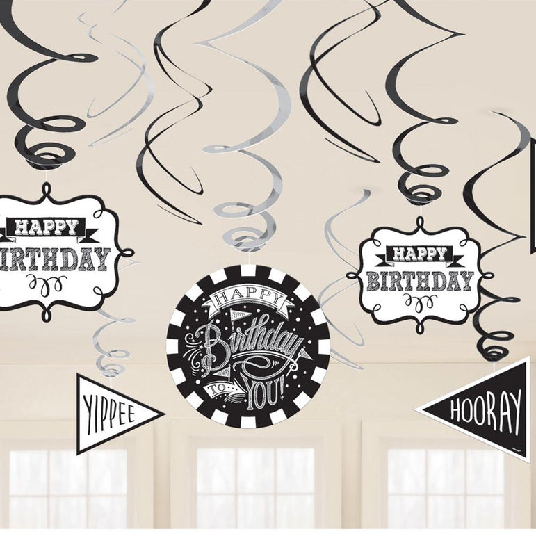 Chalkboard Birthday Value Pack Swirl Decoration 12pcs Decorations - Party Centre