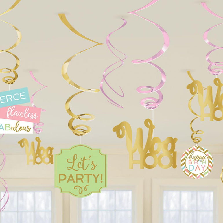 Confetti Fun Foil Swirl Decorations 12pcs Decorations - Party Centre
