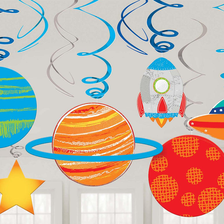 Blast Off Birthday Swirl Decorations 12pcs Decorations - Party Centre
