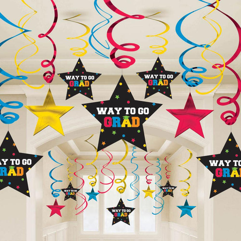 Graduation Multicolor Foil Swirl Hanging Decoration 30pcs Decorations - Party Centre