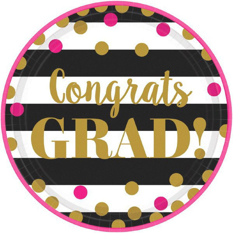 Gold Confetti Grad Paper Plates 10.50in, 18pcs Printed Tableware - Party Centre