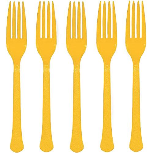 Yellow Sunshine Heavy Weight Plastic Forks 20pcs Solid Tableware - Party Centre - Party Centre