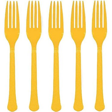 Yellow Sunshine Heavy Weight Plastic Forks 20pcs Solid Tableware - Party Centre - Party Centre