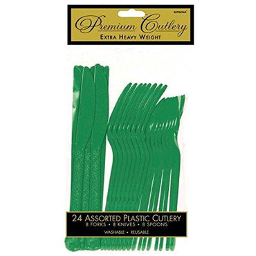 Festive Green Heavy Weight Assorted Cutlery 24pcs Solid Tableware - Party Centre - Party Centre