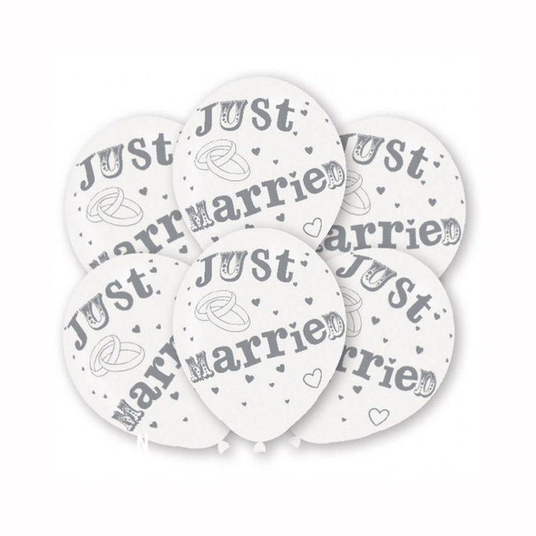 Just Married Latex Balloons 6pcs Balloons & Streamers - Party Centre