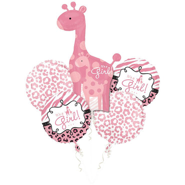 Safari Baby Girl Balloon Bouquet 5pcs Balloons & Streamers - Party Centre - Party Centre