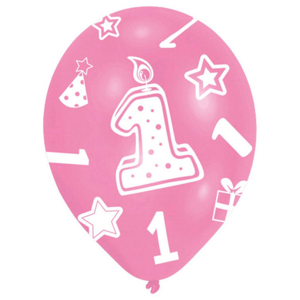 1st Birthday Pink Latex Balloons 11in, 6pcs Balloons & Streamers - Party Centre - Party Centre