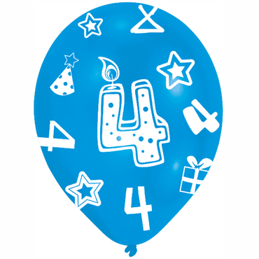 4th Birthday Assorted Colors Latex Balloons 11in, 6pcs Balloons & Streamers - Party Centre - Party Centre