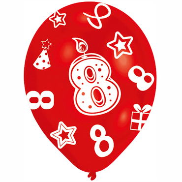 8th Birthday Assorted Colors Latex Balloons 11in, 6pcs Balloons & Streamers - Party Centre - Party Centre