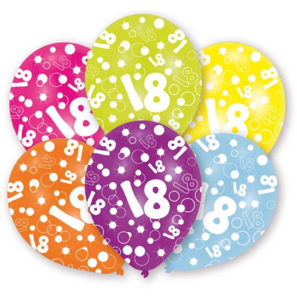 All Round Age 18 Printed Assorted Latex Balloons 6pcs Balloons & Streamers - Party Centre - Party Centre