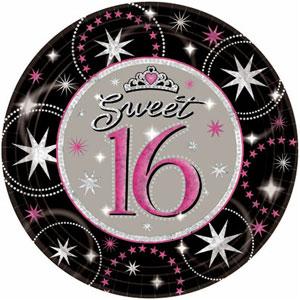 Sweet 16 Sparkle Prismatic Round Plates 7in, 8pcs Printed Tableware - Party Centre